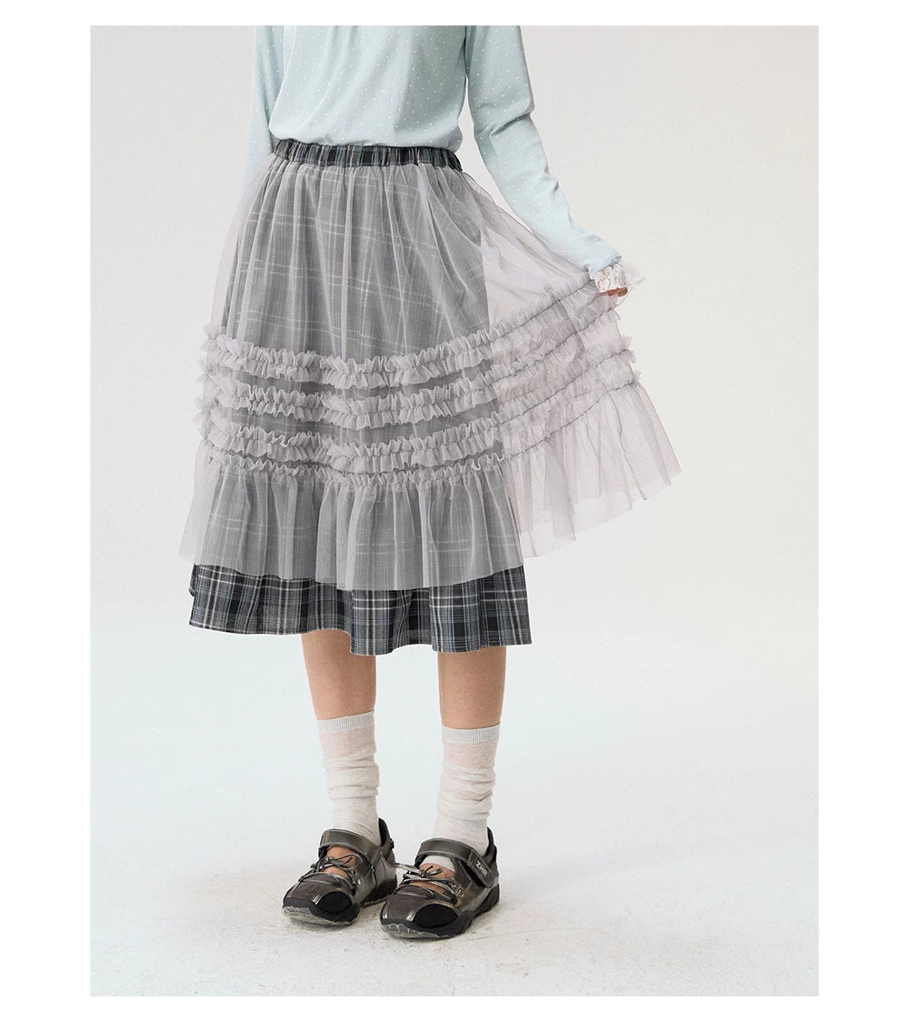 [CAN] "Gray Plaid Reverie" Gray Purple Plaid Mesh Layered Midi Skirt