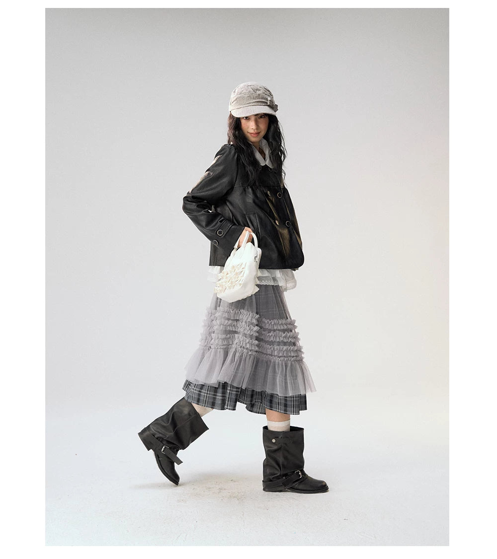 [CAN] "Gray Plaid Reverie" Gray Purple Plaid Mesh Layered Midi Skirt
