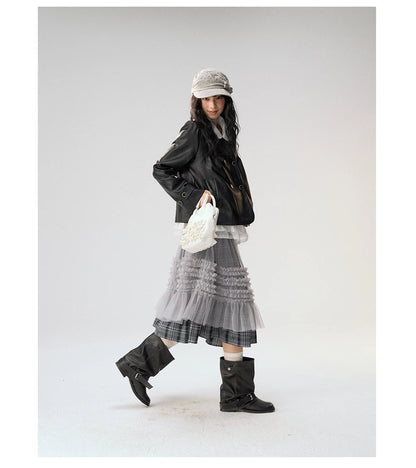 [CAN] "Gray Plaid Reverie" Gray Purple Plaid Mesh Layered Midi Skirt