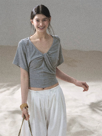"Moonlight on Water" Twist-Front Cropped T-Shirt (Silver Mink Gray/ Mist Blue)