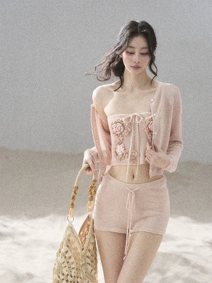 "Forest After Rain" Dusty Rose 3-Piece Cardigan & Shorts Set 45236485