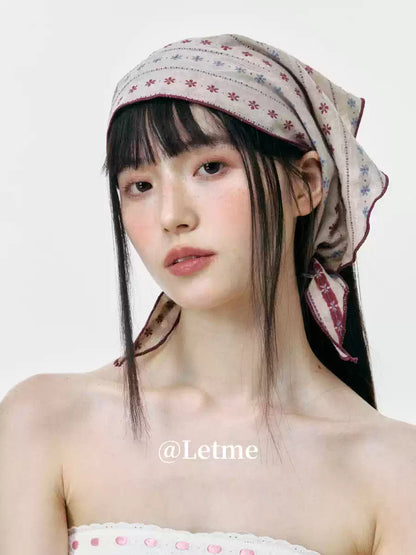 Beige Floral Print Triangle Headscarf – Vintage Neckerchief Bandana