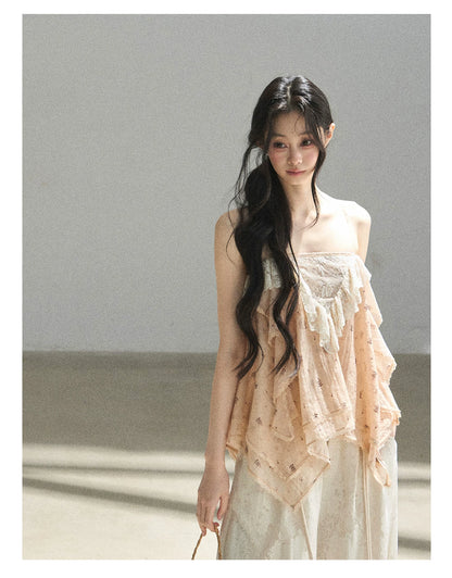 "Orange-Scented Dusk" Toasted Rice Beige Asymmetrical Lace Cami