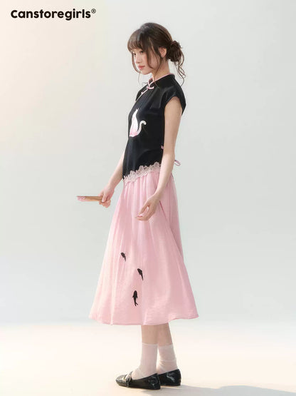 "Pink Letter, Cat’s Silhouette" New Chinese Embroidered Skirt Set SH2026223