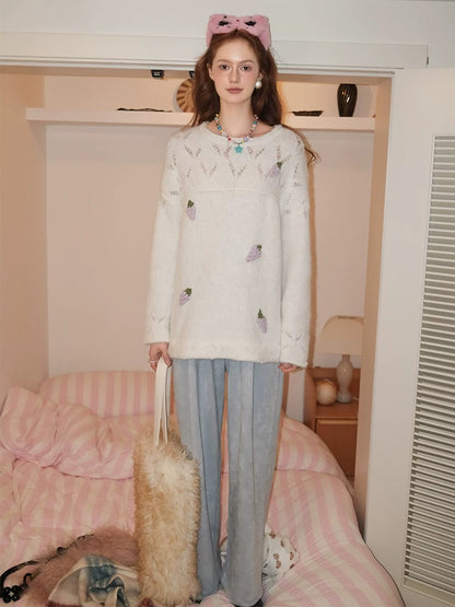 White Hand-Crocheted Grape Knit Sweater
