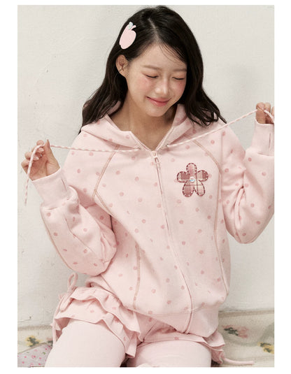 [RF] Polka Dot Hoodie and Pants Set with Zip Closure in Soft Pink