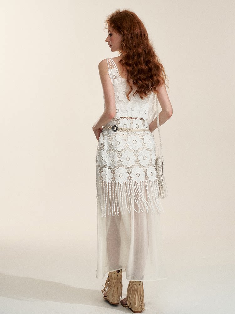 Apricot Sheer-Panel Midi Skirt