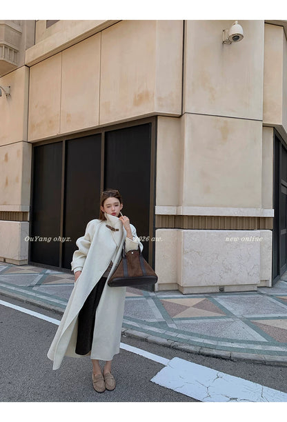 QuQuOuYang - 100% Wool Double-Face Belted Coat with Convertible Collar