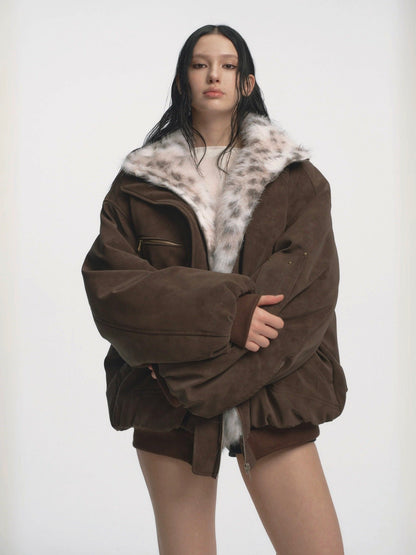 Muirgen - Brown Y2K Reversible Faux Fur Suede Aviator Jacket