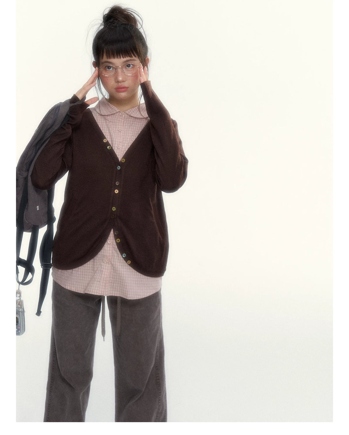 “Chestnut Book Knit” Red Brown Faux-Layered Colorful Button Cardigan