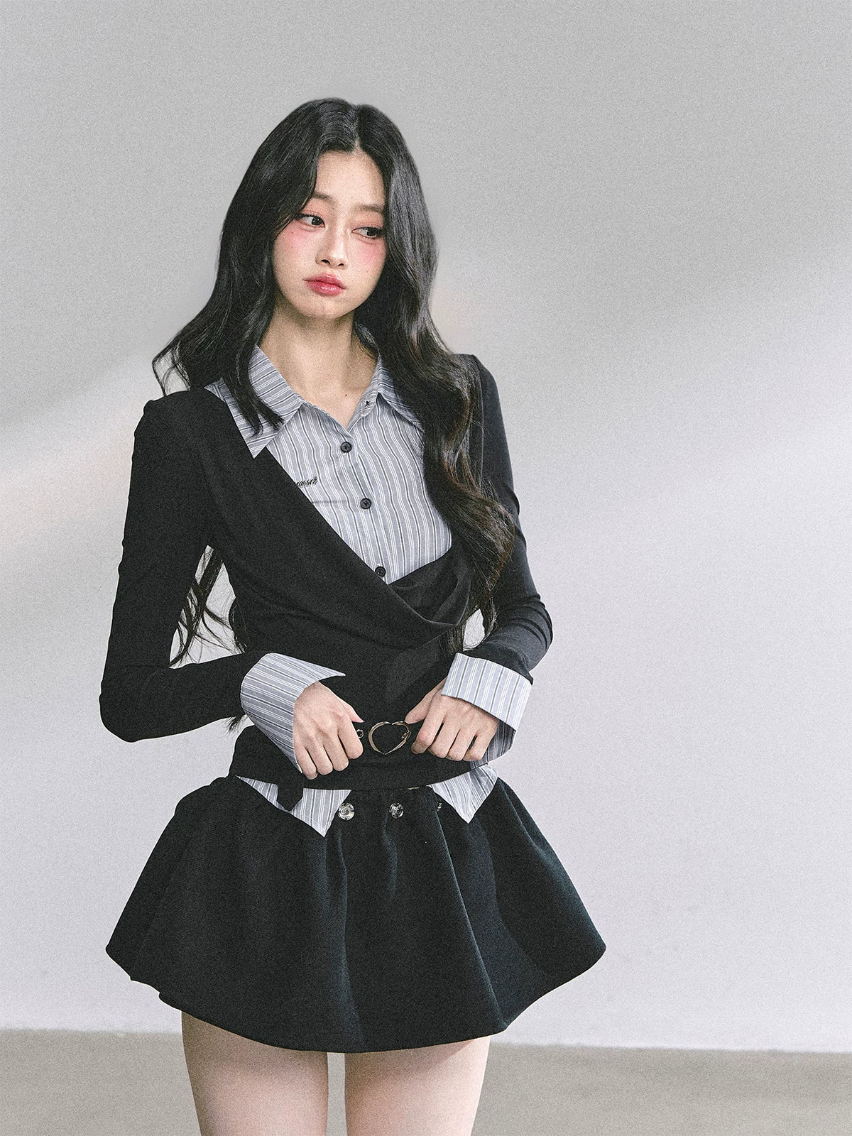 AOMALM - "Top of the Class" Navy & Black-Gray Striped Layered Long Sleeve Top (Navy / Black-Gray)
