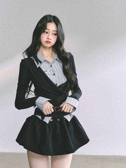 AOMALM - "Top of the Class" Navy & Black-Gray Striped Layered Long Sleeve Top (Navy / Black-Gray)