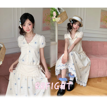 “Flower Sugar Soufflé” Cream Floral Embroidered Skirt Set