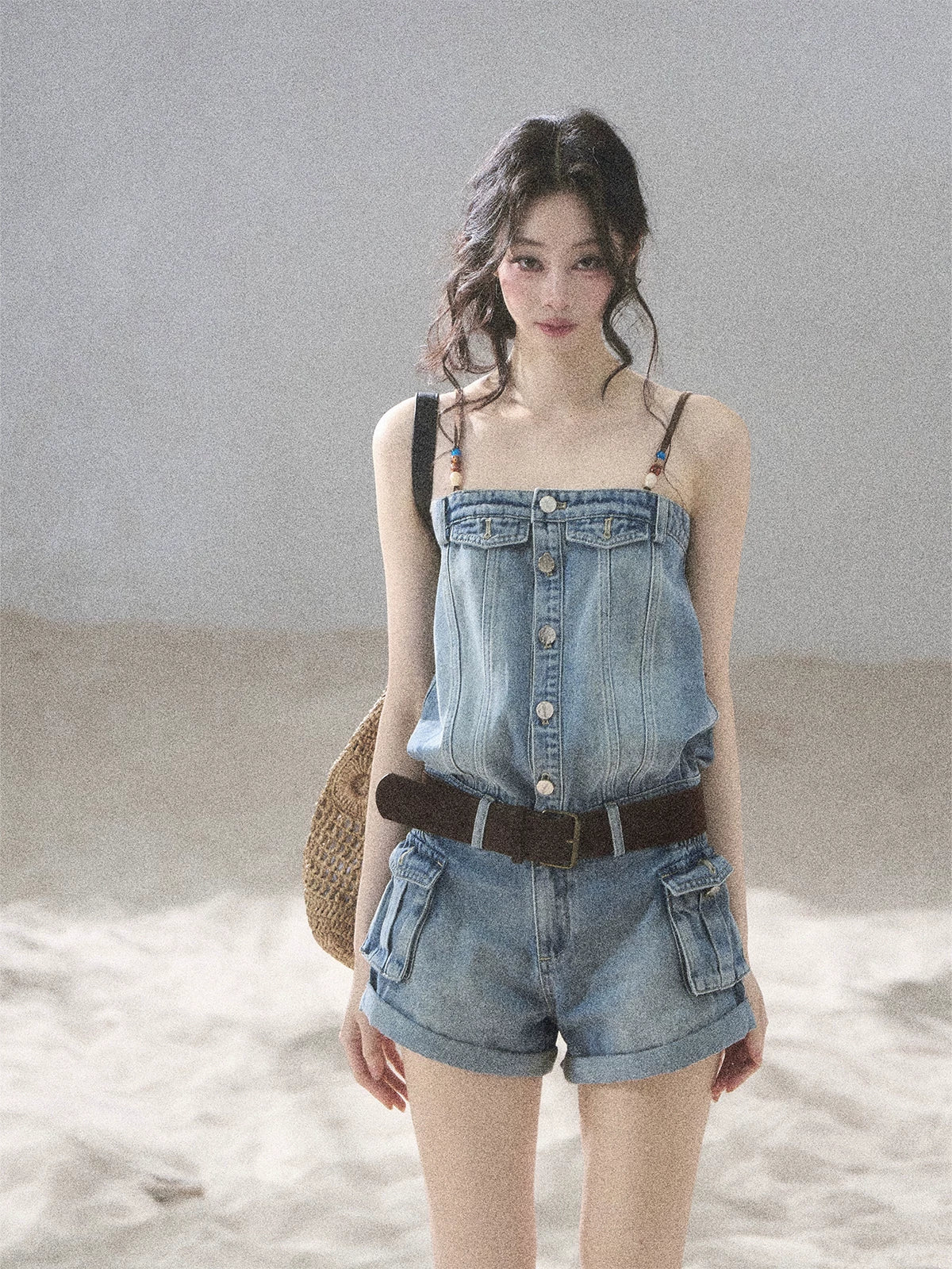 "A Walk by the Sea" Collegiate Blue Denim Utility Romper (With Belt)