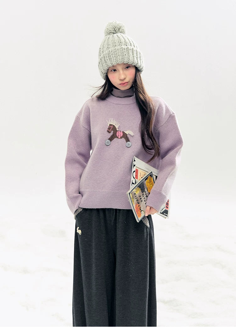 "Bunny Tea Party" Fleece-Lined Balloon Wide-Leg Pants (Hazelnut Brown/ Midnight Gray)