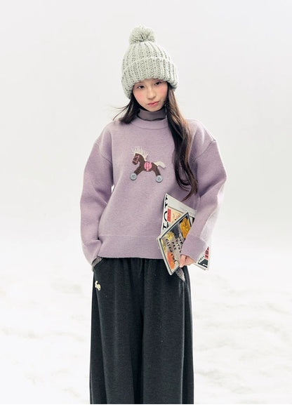"Bunny Tea Party" Fleece-Lined Balloon Wide-Leg Pants (Hazelnut Brown/ Midnight Gray)