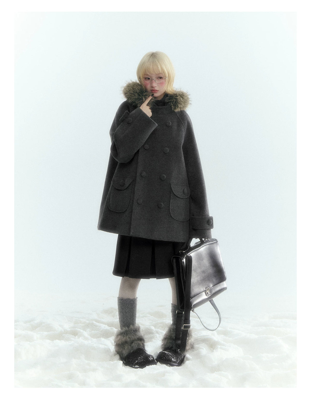 Japanese Hooded Double-Breasted Wool Coat (Deep Charcoal Gray / Taro Purple)
