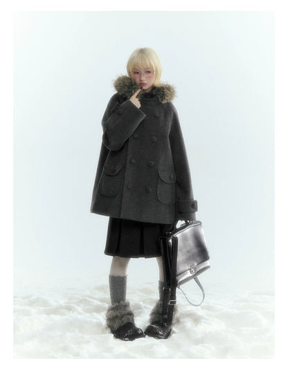 Japanese Hooded Double-Breasted Wool Coat (Deep Charcoal Gray / Taro Purple)