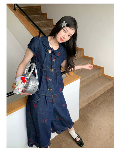 [RF] “Sweet Rebel Denim” Navy Embroidered Ruffle Top & Relaxed Pants Set