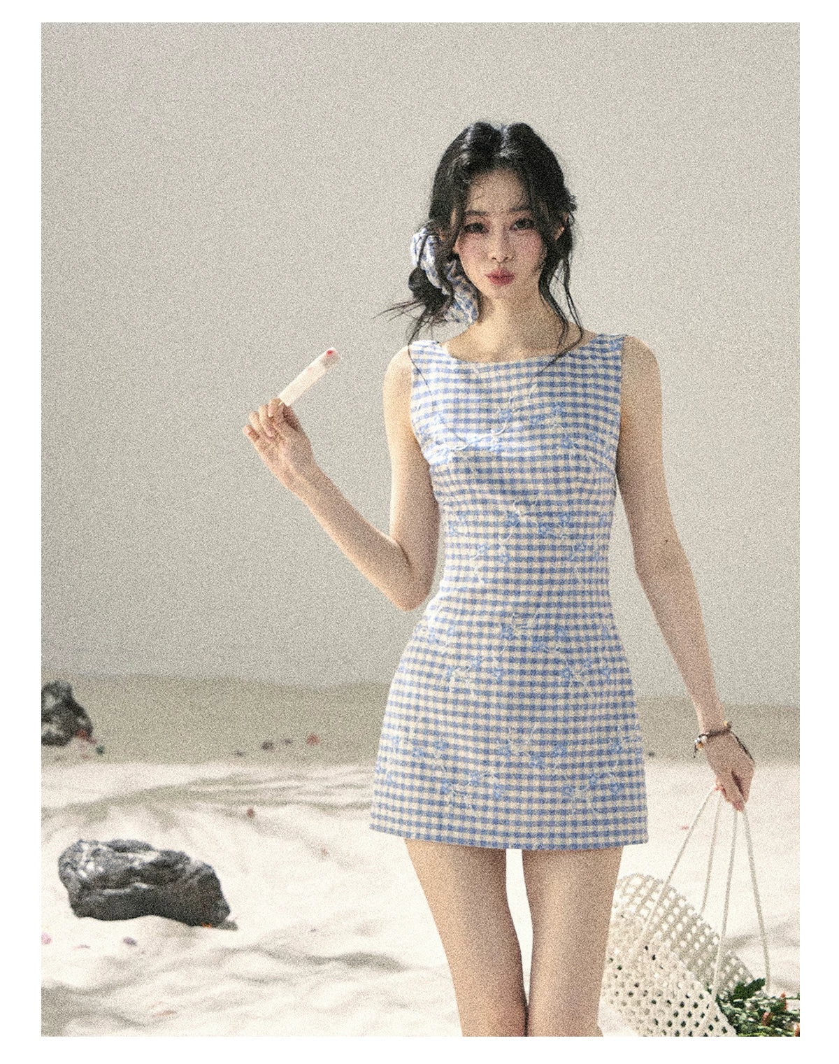 "Sea Breeze Reverie" Sky Blue Embroidered Plaid Mini Dress (With Matching Scrunchie)