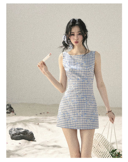 "Sea Breeze Reverie" Sky Blue Embroidered Plaid Mini Dress (With Matching Scrunchie)