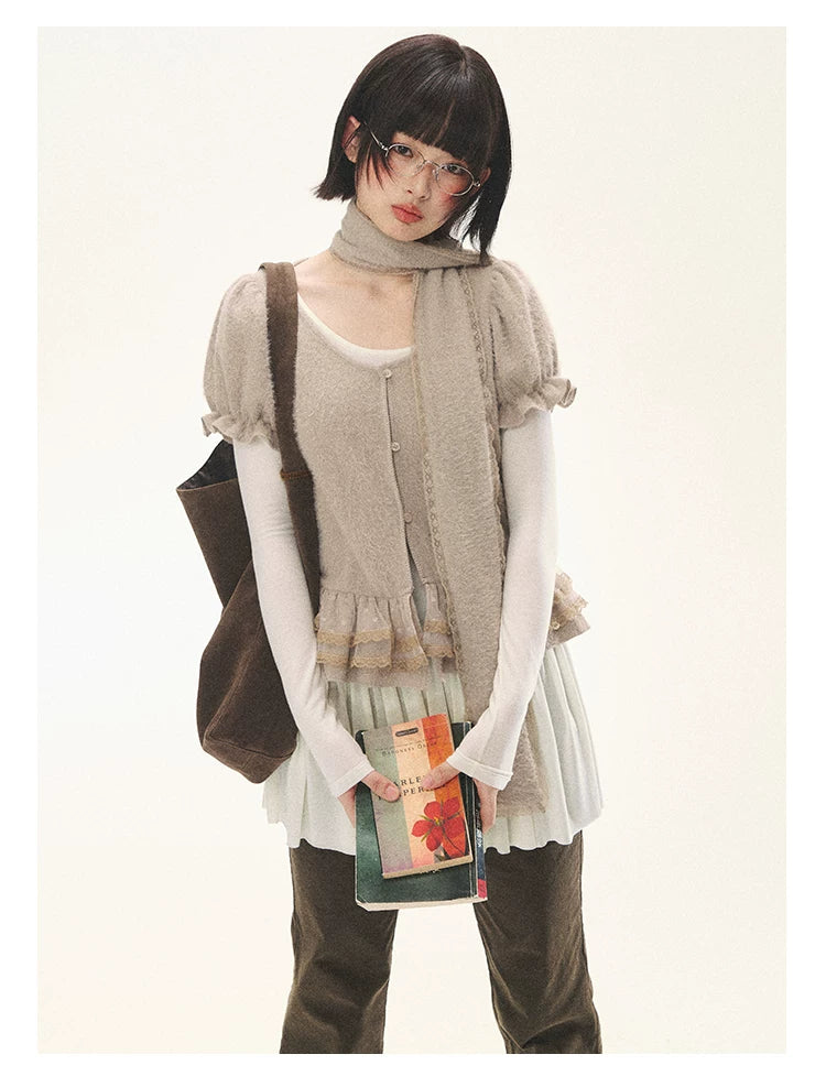 "Soft Fufu" Blush Pink Lace Puff Sleeve Knit Cardigan