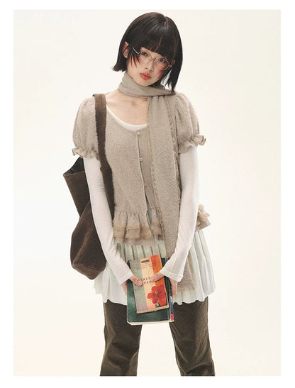 "Soft Fufu" Blush Pink Lace Puff Sleeve Knit Cardigan