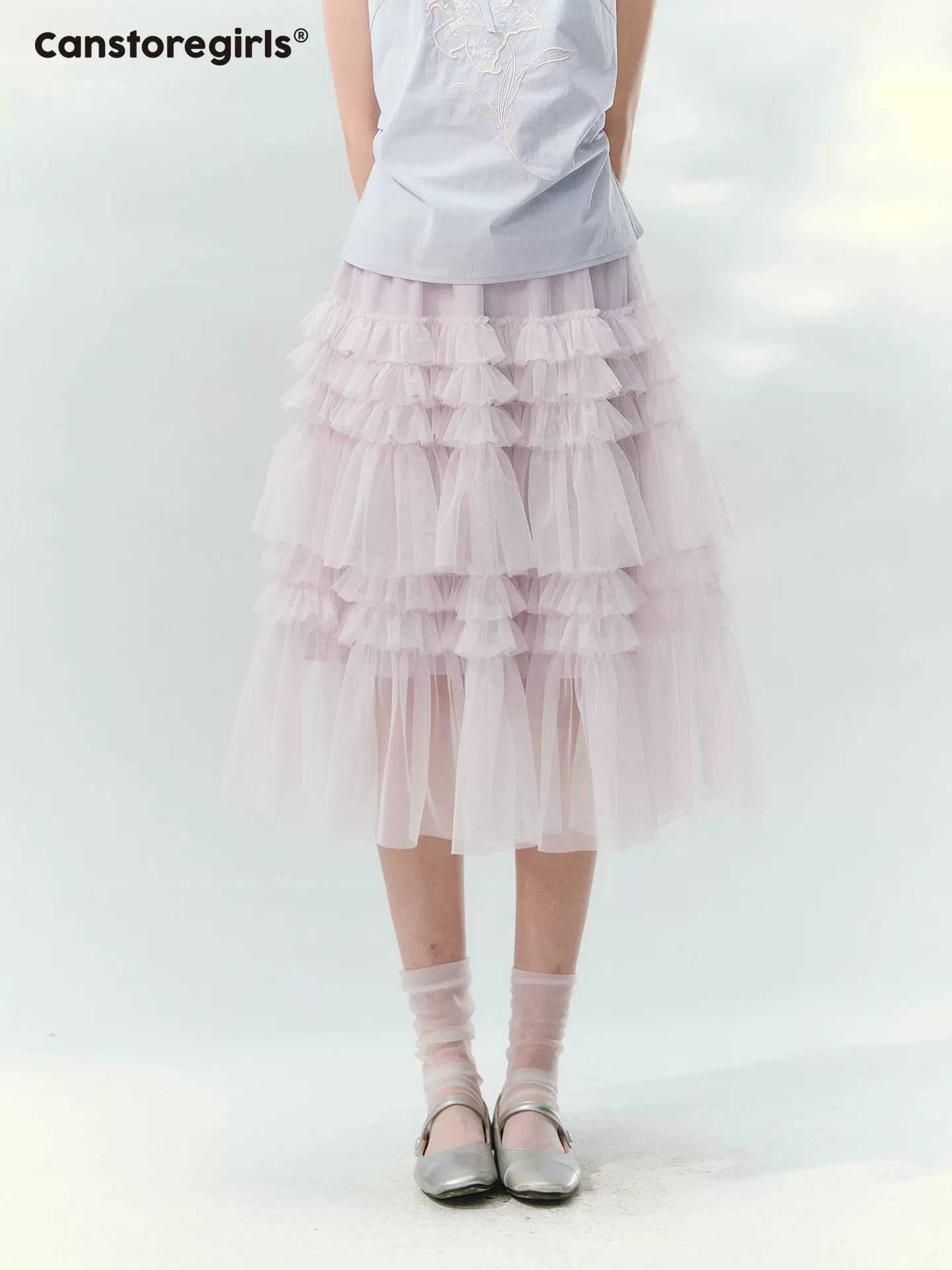 “Taro Peach Layers” Dusty Lilac Tiered Tulle Midi Skirt