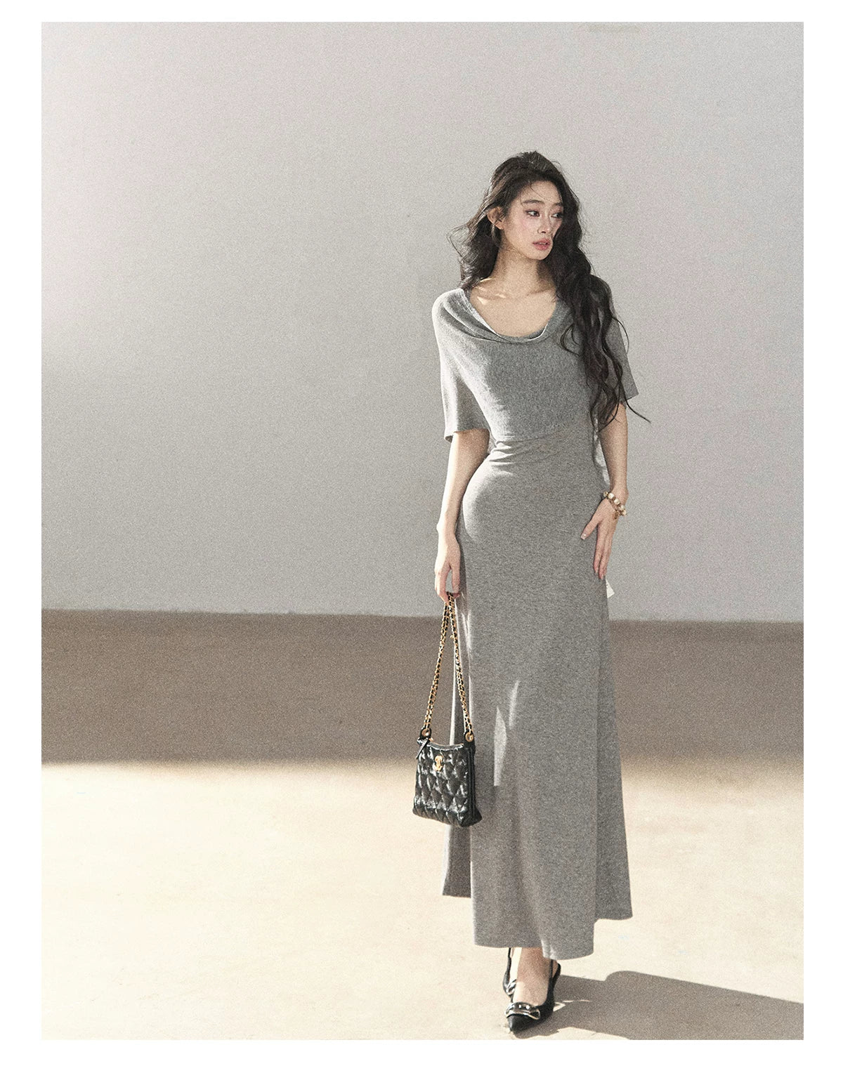 AOMALM - French-Inspired Two-Piece Maxi Dress Set with Layered Cape Overlay