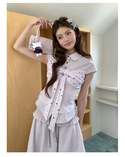 [RF] “Milk Taro Fizz” Soft Purple Striped Blouse & Bloom Skirt Set (Light Blue / Lavender)