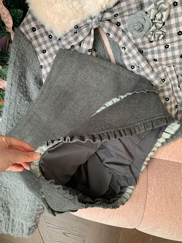 阮阮自制 - Soft Ruffle Dark Gray Tweed Skirt