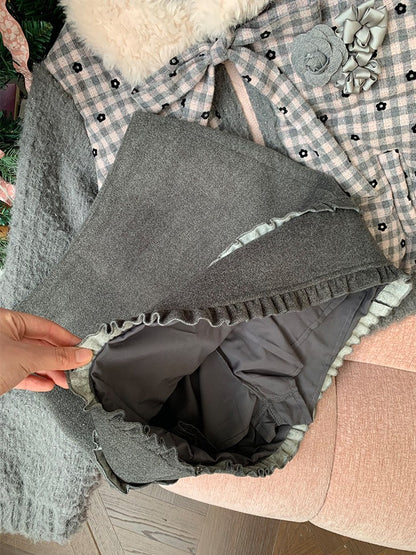 阮阮自制 - Soft Ruffle Dark Gray Tweed Skirt