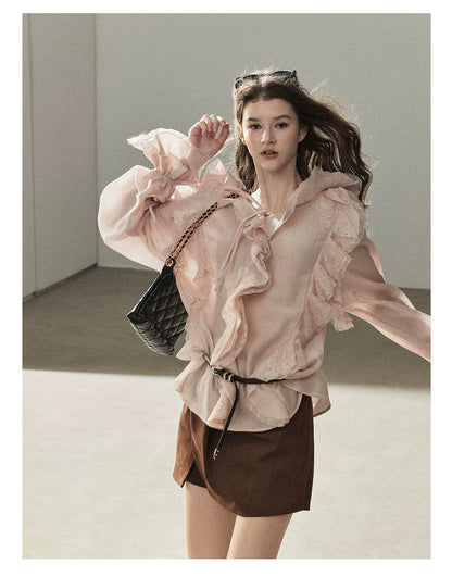 AOMALM - "A Featherlight Touch" French Camellia White Lace Chiffon Top with Belt (Camellia / Oatmeal / Cinnamon Pink)