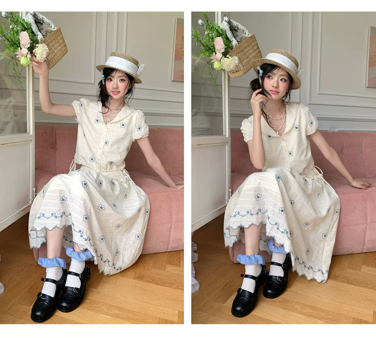 “Flower Sugar Soufflé” Cream Floral Embroidered Skirt Set