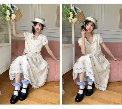 “Flower Sugar Soufflé” Cream Floral Embroidered Skirt Set