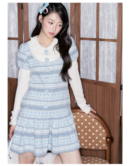 [RF] Vintage Geometric Jacquard Peter Pan Collar Knit Dress with Ruffle Hem