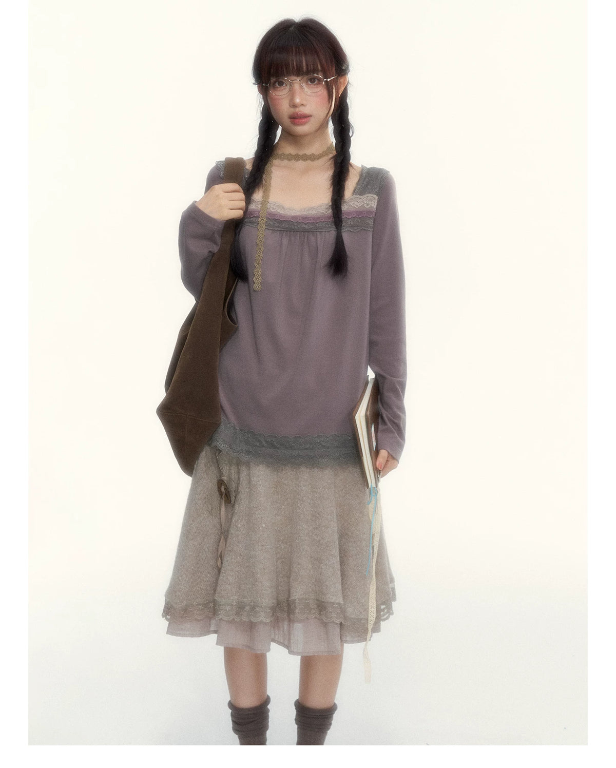 Gray Purple Lace-Trimmed Square-Neck Long-Sleeve T-Shirt