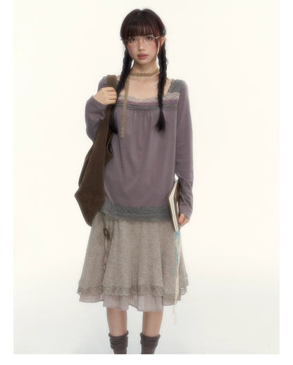 Gray Purple Lace-Trimmed Square-Neck Long-Sleeve T-Shirt
