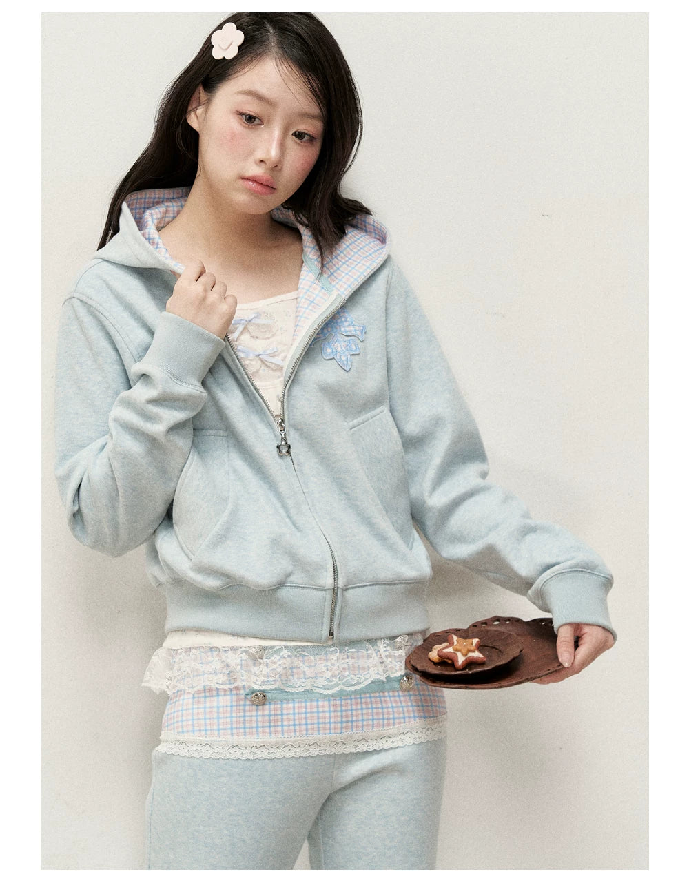 [RF] Soft Gingham Color-Block Hoodie and Flare Pants Set (Blue / Mauve)