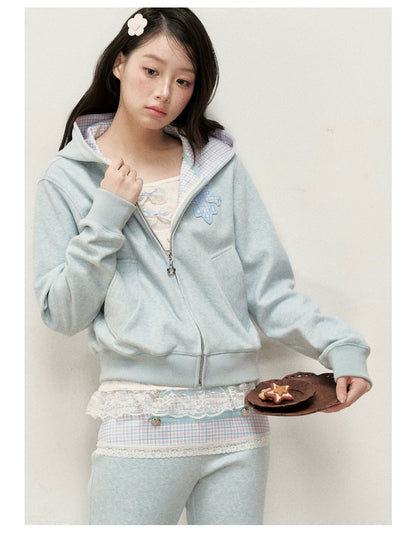 [RF] Soft Gingham Color-Block Hoodie and Flare Pants Set (Blue / Mauve)