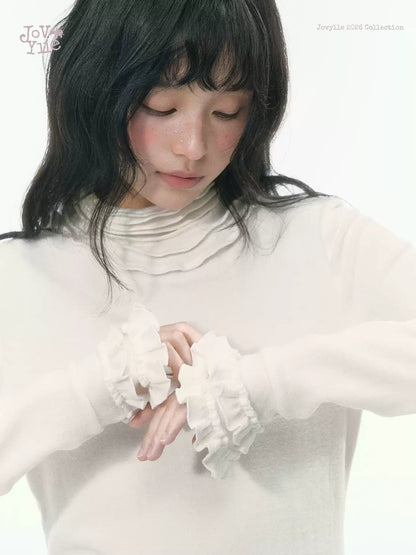 JOVYLLE - Cream Ivory Lace-Trim Turtleneck Top
