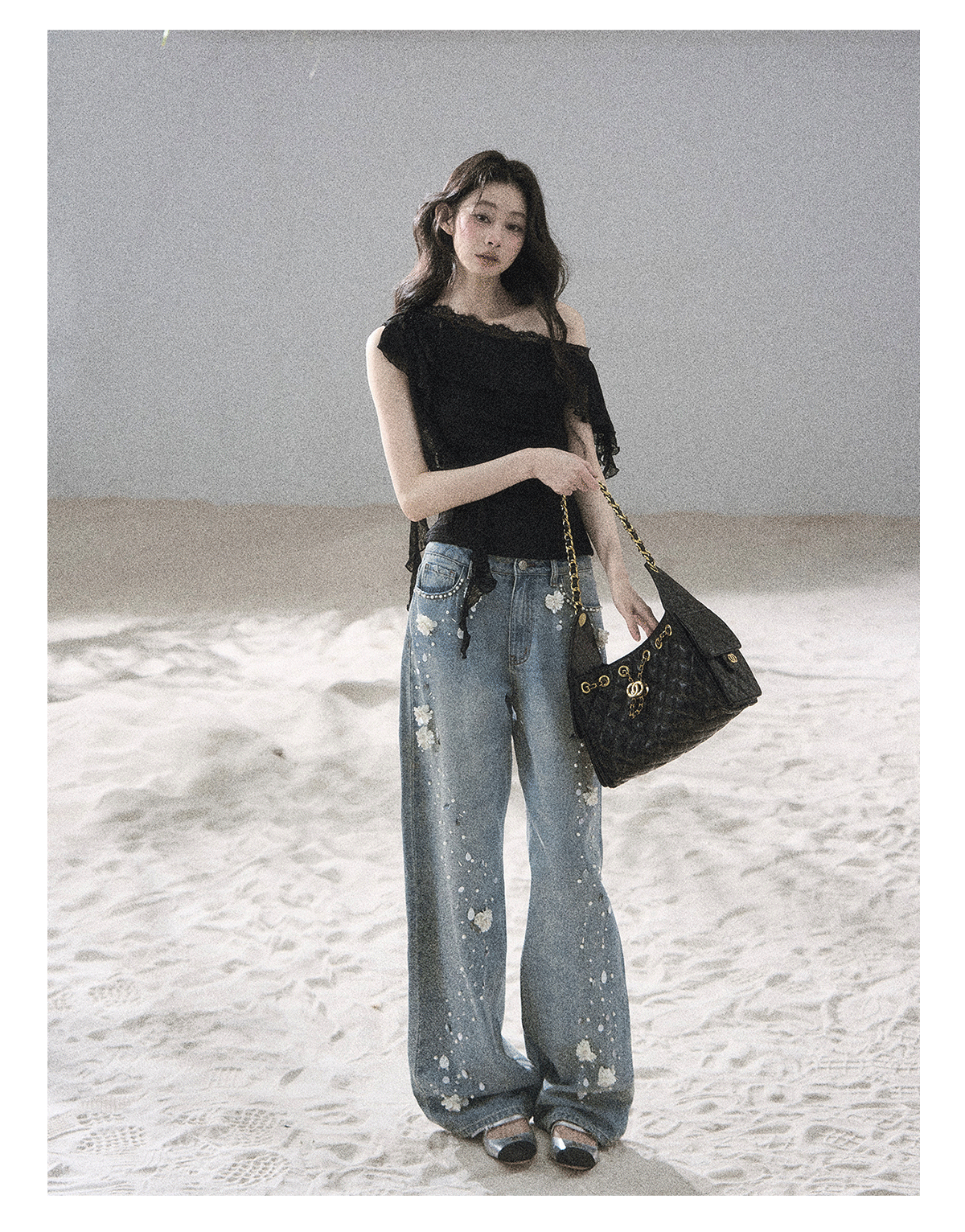 "Starlit Grace" Mist Blue Handmade Floral Wide-Leg Jeans