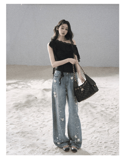 "Starlit Grace" Mist Blue Handmade Floral Wide-Leg Jeans