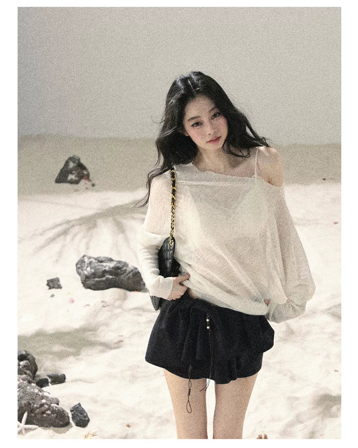 "Misty Veil Whisper" Holland Cheese Off-Shoulder Sheer Sun Protection Top 5345634