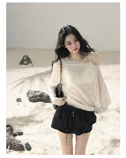 "Misty Veil Whisper" Holland Cheese Off-Shoulder Sheer Sun Protection Top 5345634