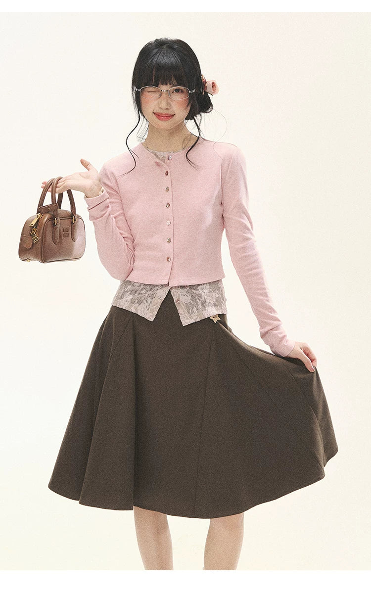 "Layered Blossom" Faux-Layer Knit Cardigan (Sakura Pink/ Heather Gray)