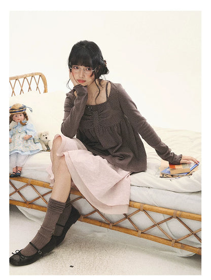 "Sweet Favorite" Polka Dot Faux-Layer Bow Knit Top (Gray Brown/ Blush Pink)
