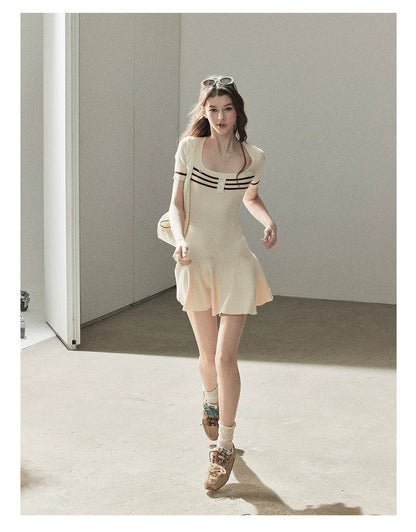"First Date" Ivory Square Neck Knit Pleated Mini Dress