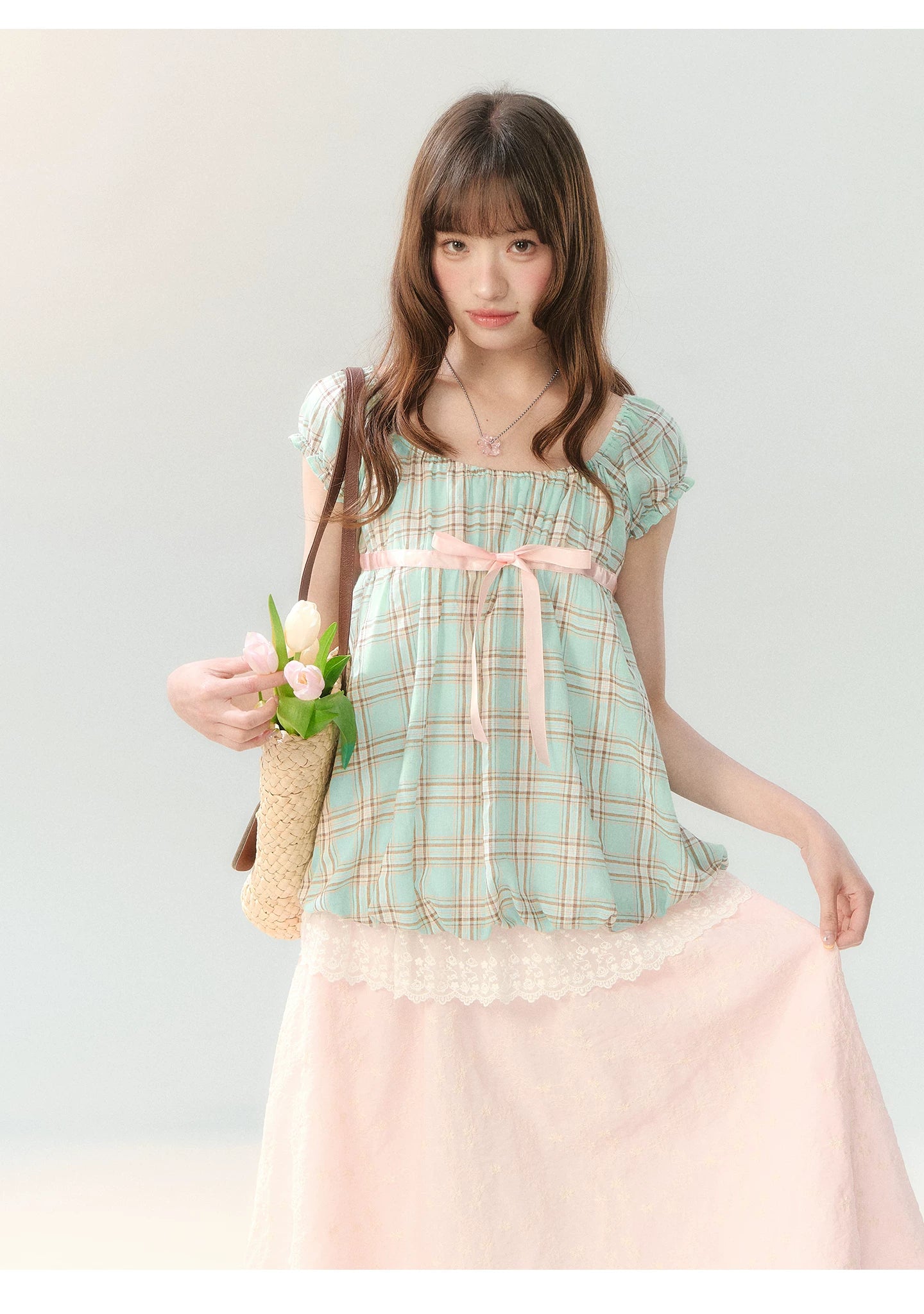 "Mint Peach Whisper" Mint Green Plaid Embroidered Skirt Set LL2026196