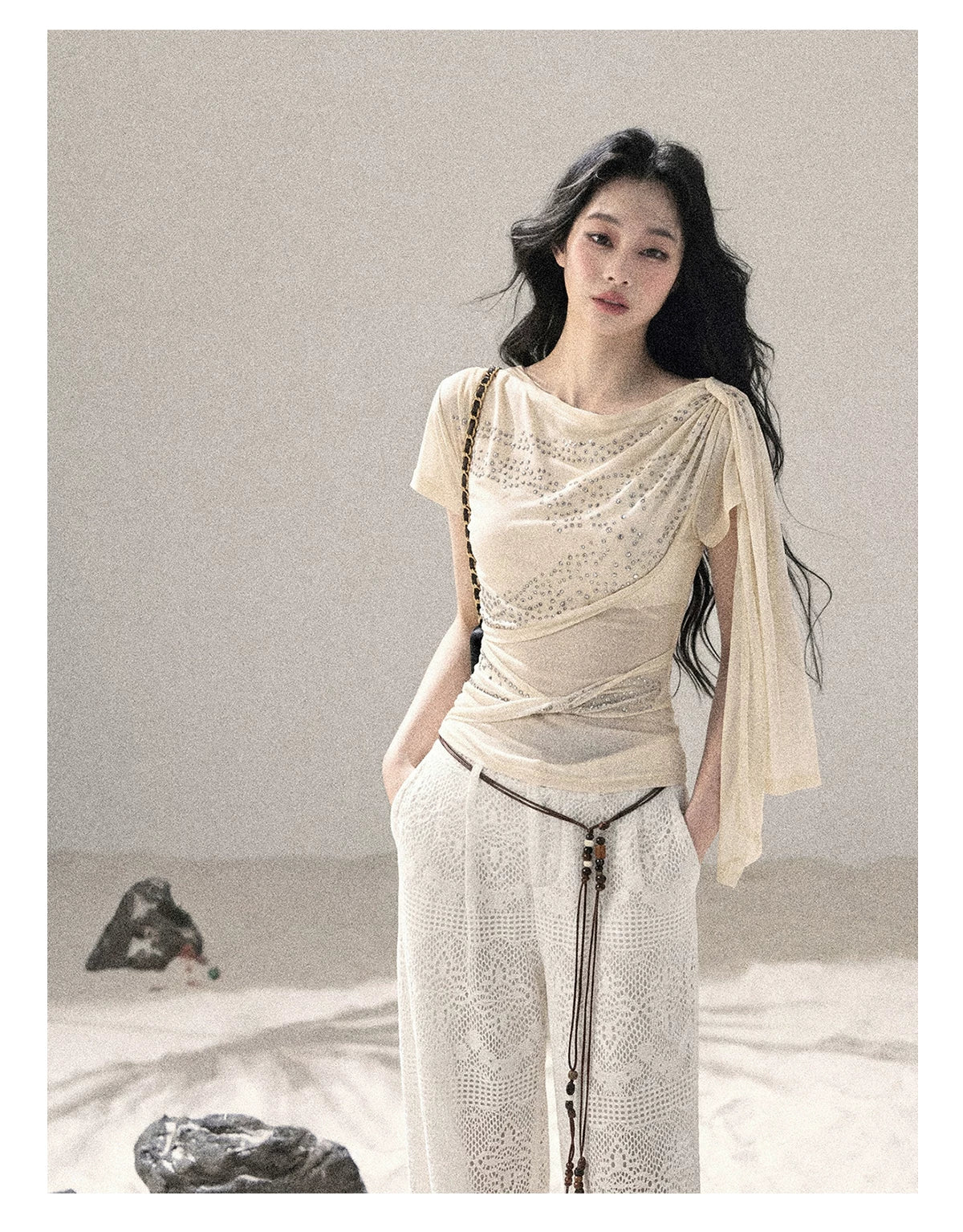 “Frosted Kiss” Dutch Cheese Crystal Mesh Short Sleeve Top